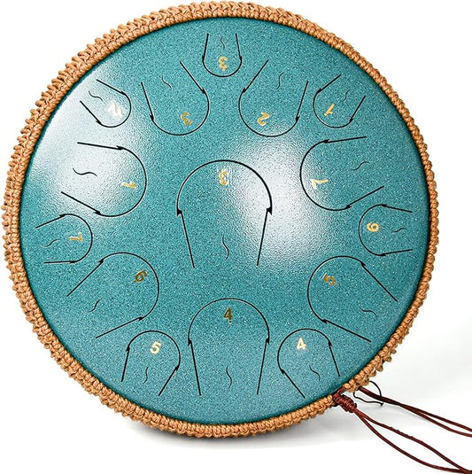 Steel Tongue Drum - 14 Inch 15 Note Tongue Drum - Hand Pan Drum with Music Book, Handpan Mallets and Carry Bag, C Major, Malachite Green - Bloomnest
