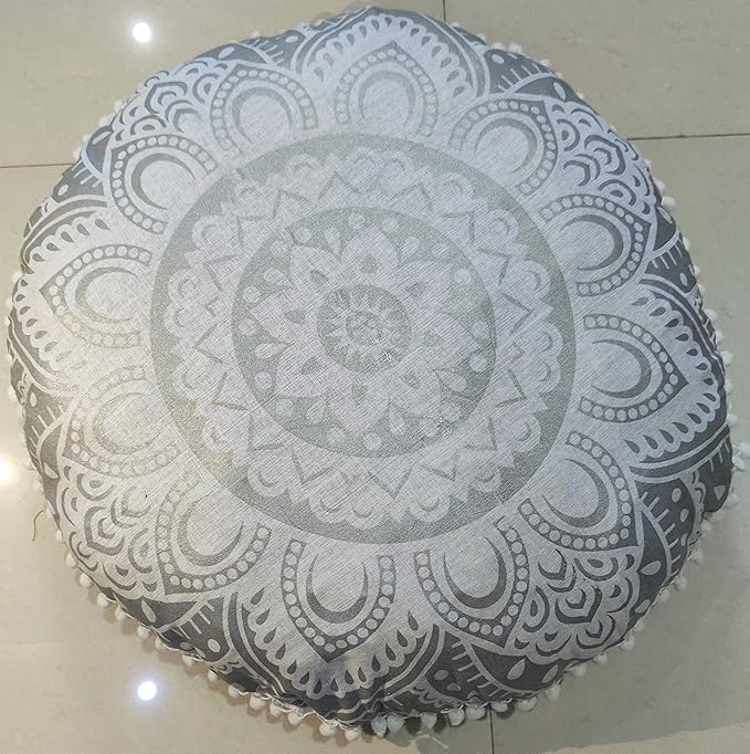 24" White Silver Flower Mandala Barmeri Large Floor Pillow Cover Cushion Meditation Seating Ottoman Throw Cover Hippie Decorative Zipped Bohemian Pouf Ottoman Pom Pom Cases 24 " round - Bloomnest