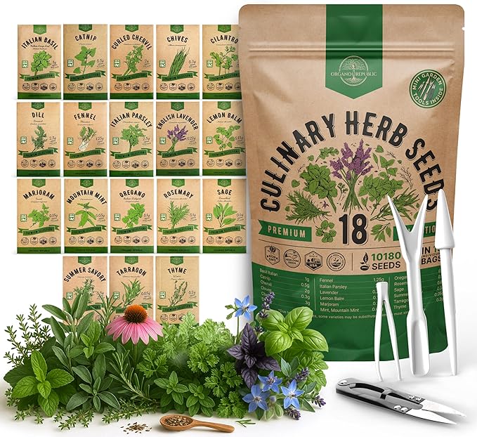 Organo Republic 18 Culinary Herbs Seeds Variety Pack - 10,180+ Heirloom, Non-GMO, Herbs Seeds for Outdoor and Indoor Home Gardening, Including Rosemary, Thyme, Oregano, Mint, Basil, Parsley - Bloomnest