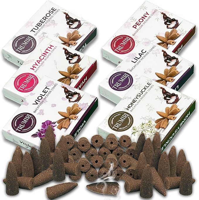 Blossom - Backflow Incense Cones for Waterfall - Scented Inscents-Cones - Peony, Lilac, Hyacinth, Tuberose, Honeysuckle, Violet - Insiensos Aromaticos - 6x10=60 Large Variety Pack TRUMIRI