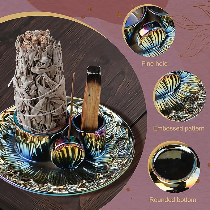 4 in 1 Incense Holder, Ceramic Incense Stick and Palo Santo Holder,Sage Holder for Burning- 5.5" Ceramic Ash Catcher Tray for Meditation and Yoga Room (Colourful) - Bloomnest