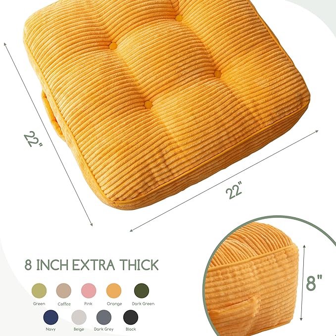 8" Washable Floor Pillow Cushion for Adults, Meditation Cushion Pillow, Large Square Floor Sitting, Removable Tufted Corduroy Cover, for Tatami Living Room or Yoga, 22x22 Inch, 2Pack, Machine Washable - Bloomnest