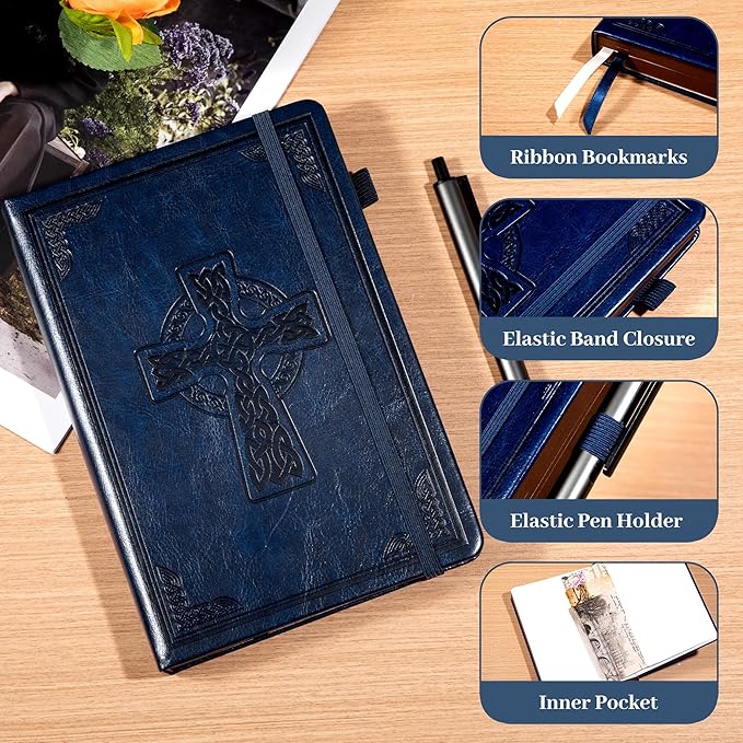 CAGIE Leather Lined Journal Notebook for Men & Women, Debossed Cross, 320 Pages 100 GSM Thick Paper, A5 Hardcover Journaling Notebooks for Writing, 5.7'' X 8.3'' Diary, Navy - Bloomnest