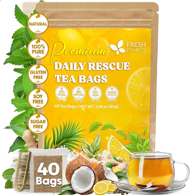 FreshDrinkUS, Premium 40 Tea Bags Daily Rescue Lemon Ginger Tea - 9 Superherbs – 100% Natural Ingredients, Tea Mix for Wellness Boost - Shelf-Stable, Caffeine-Free, Sugar-Free, Vegan - Bloomnest