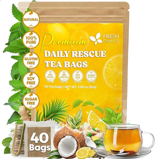 FreshDrinkUS, Premium 40 Tea Bags Daily Rescue Lemon Ginger Tea - 9 Superherbs – 100% Natural Ingredients, Tea Mix for Wellness Boost - Shelf-Stable, Caffeine-Free, Sugar-Free, Vegan - Bloomnest
