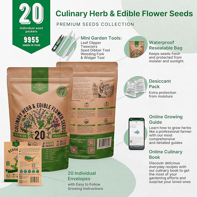 20 Culinary Herbs & Edible Flower Seed Variety Pack for Planting Indoor & Outdoors. 9500+ Non-GMO Heirloom Flower Seeds: Basil, Borage, Echinacea, Lavender, Oregano, Rosemary Seeds & More - Bloomnest