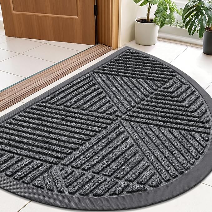 Smiry Half Circle Front Door Mat Outside Entrance, Heavy Duty Sturdy Natural Rubber Doormat, Trap Dirt and Moisture, Low Profile Mats for Indoor Outdoor Entry, Irregular Triangle (36x24, Grey) - Bloomnest