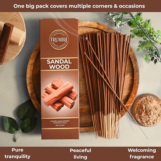 Sandalwood Incense Sticks - Pack of 100 Insence-Sticks - Made with Natural Incienso De Sandalo - Non Toxic Inscents Indian Spiritual Agarbatti Insense