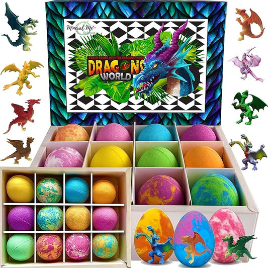 Bath Bombs for Kids with Surprise Inside - 12 Organic Bubble Bath Fizzies with Dragon Egg Toys. Gentle & Kids Friendly w/Rich Bubbles & Rainbow Colors, Stocking Stuffer Christmas Gifts for Boy, Girls - Bloomnest