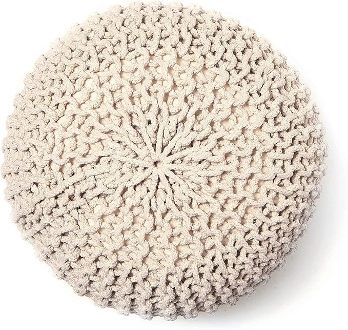 REDEARTH Round Pouf Ottoman - Cable Knitted Boho Poof - Home Décor Cord Pouffe Handmade Circular Footrest for Living Room - Bedroom - Kids Bedroom - 100% Cotton Pouf (18" x 18" x 14") - Ivory - Bloomnest