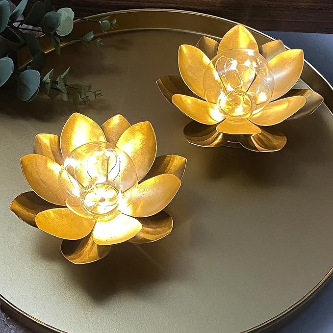 JHY DESIGN Set of 2 Gold Lotus Table Lamp Battery Powered 6''Tall Cordless Lamp Light Battery Operated Great for Living Room Bedroom Weddings Parties Patio Events Indoors Outdoors
