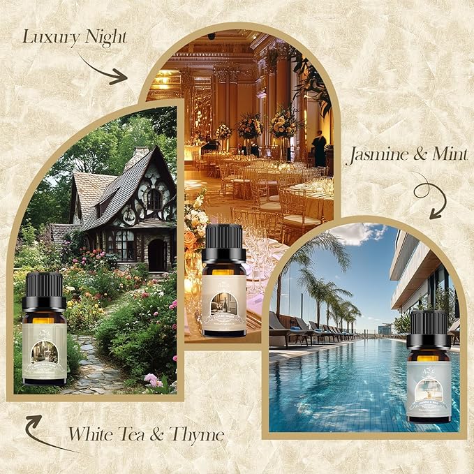 Hotel Essential Oils Set - 6 Premium Scents for Diffuser, Aromatherapy, Home, Spa, Candle Making, Fragrance Oil Set - Hotel Lobby, White Tea Thyme, Good Night, Jasmine Mint, Orange, Luxurious Night - Bloomnest