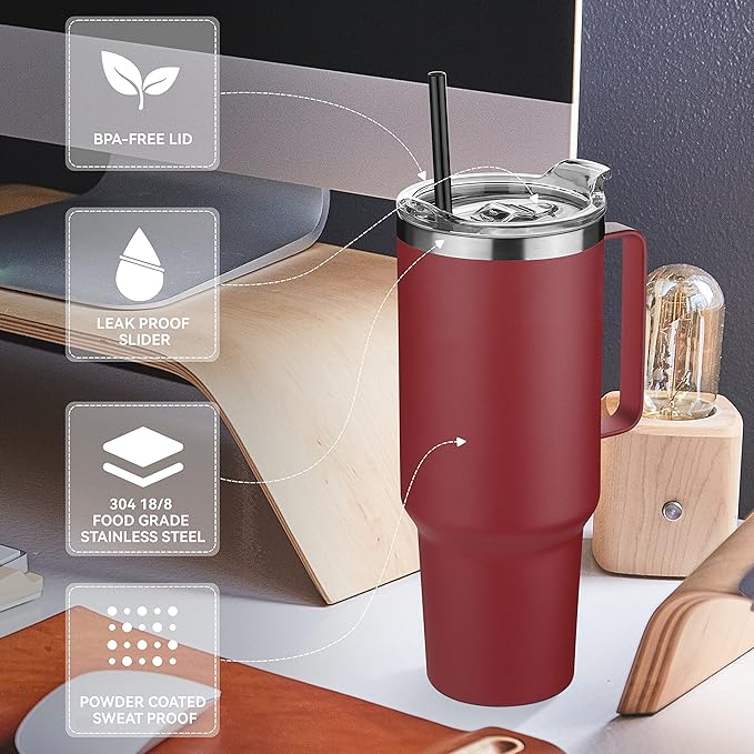 HASLE OUTFITTERS 40 oz Stainless Steel Tumbler with Handle, Vacuum Insulated Tumblers Bulk, Reusable Double Wall Travel Coffee Mug, Durable Powder Coated Water Bottles(Wine Red, 8) - Bloomnest