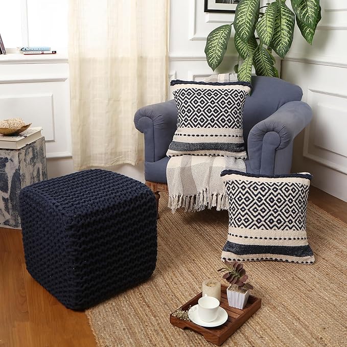 REDEARTH Square Hand Knitted Pouf - Foot Stool Ottoman Coffee Table - Cotton Cord Boho Pouffe - Poof Accent Footrest for Living Room - Bedroom - Library (16" x 16" x 16") - Navy Blue - Bloomnest