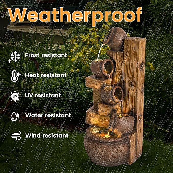 5-Tiered Garden Waterfall Fountain Outdoor - 40''H Water Fountains and Waterfalls, Large Outdoor/Indoor Floor Standing Resin Water Fountain with LED Light for Patio, Garden and Home (Brown) - Bloomnest