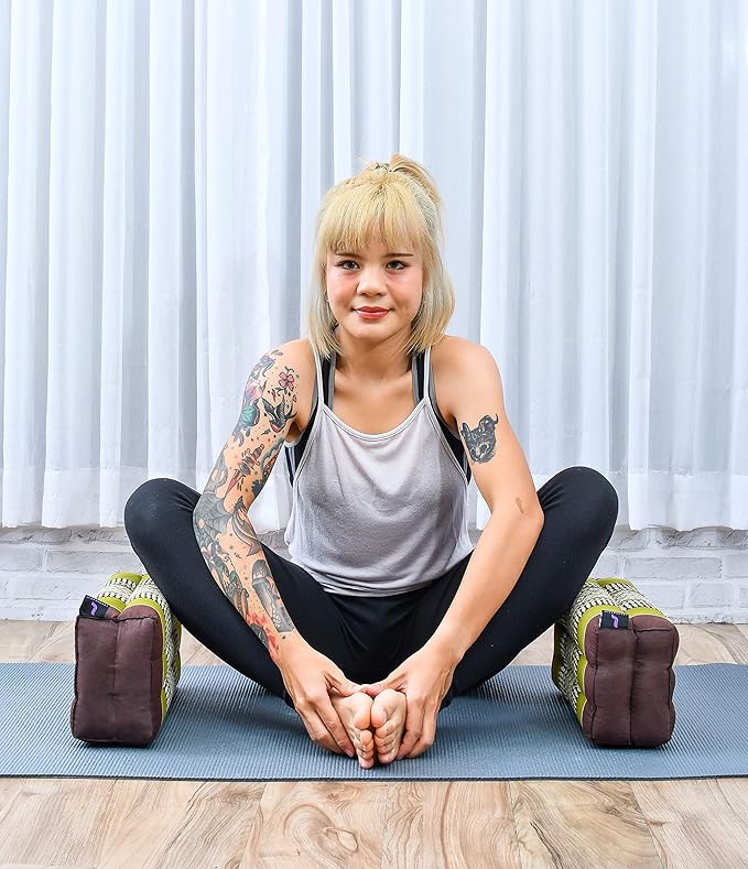 Leewadee Yoga Block – Floor Cushion for Yoga Practice, Meditation Seat Cushion for Workouts Filled with Kapok, 14 x 7 x 5 inches, Brown Green - Bloomnest