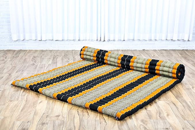 Leewadee - Foldable Floor Mattress - Japanese Roll Up Futon -Trifold Tatami Mat- Guest Floor Bed - Camping Mattress - Thai Massage Mat, Kapok Filled, 75 x 57 inches, Black Orange - Bloomnest