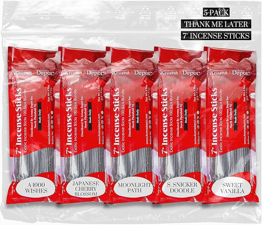 Thank Me Later 7'' Incense Sticks - Variety Set 500 Pack - 7 inch - 5 Bundles 100 Sticks Per Scent. Features Honey Milk, Pumpkin Spice, Strawberry Banana, Sweet Smwll of Success, Rainforest Fantasy