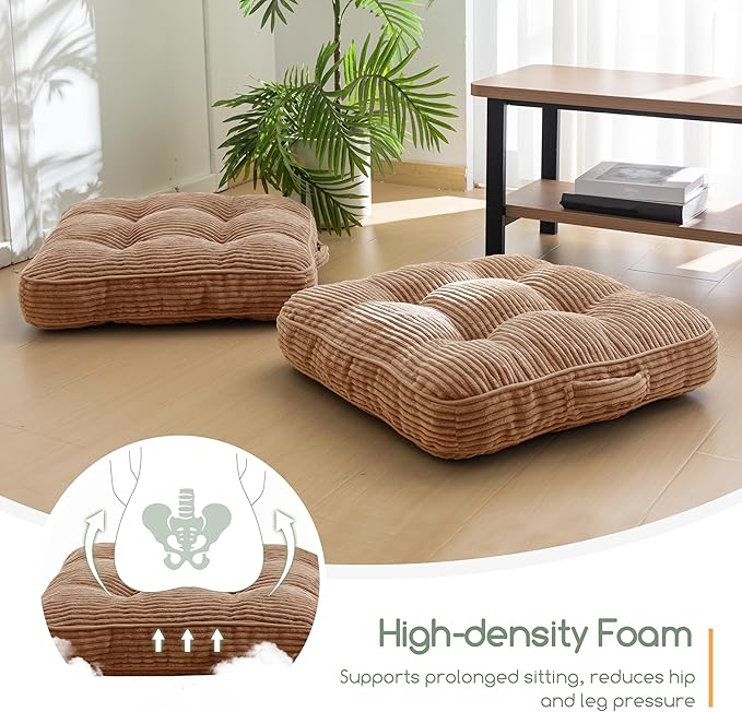 Washable Floor Pillow Cushion for Adults, Meditation Cushion Pillow, Large Square Floor Sitting, Removable Tufted Corduroy Cover, for Tatami Living Room or Yoga, 22x22 Inch, 2Pack, Machine Washable - Bloomnest
