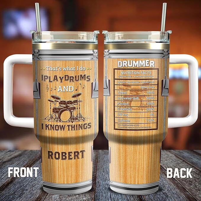 WAZONE Personalized Drummer Nutrition Facts Tumbler 40oz with Handle and Straw Custom Name I Play Drums And I Know Things Funny Saying Music Travel Mug Cool Gifts For Drummers Enthusiast Men - Bloomnest
