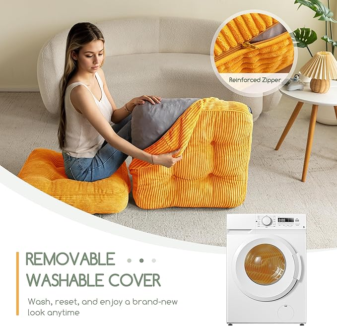 Washable Floor Pillow Cushion for Adults, Meditation Cushion Pillow, Large Square Floor Sitting, Removable Tufted Corduroy Cover, for Tatami Living Room or Yoga, 22x22 Inch, 2Pack, Machine Washable - Bloomnest