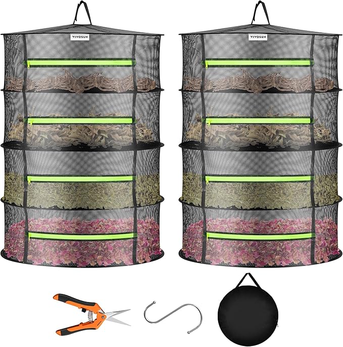 VIVOSUN 2-Pack 4-Layer Mesh Drying Rack Hanging Design with Green Zippers for Dehydrating, Indoor and Outdoor (Pruning Shears Included) - Bloomnest