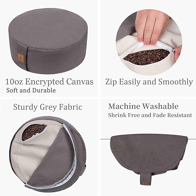 Zafu Buckwheat Meditation Cushion,D=13"/16" H=5.5",Round Zabuton Meditation Pillow,Yoga Bolster Kneeling Pillow Premium Yoga Pillow for Sitting on Floor Zippered Cotton Cover - Bloomnest