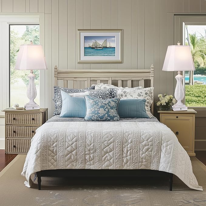 3-Way Dimmable Table Lamps for Bedrooms Set of 2, 30" H Touch Lamps for Living Room with with USB & Type-C Ports, White Mermaid Bedside Lamp for Nightstand, Resin Farmhouse Rustic Lamp with 2 Bulb - Bloomnest