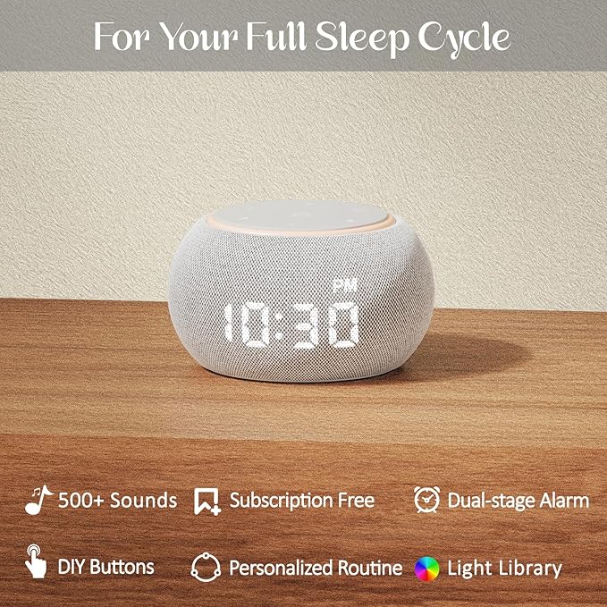 White Noise Sound Machine for Sleep, Dual-Stage Alarm&Snooze, Smart App Control, Custom Buttons, 500+ Non Looping Soothing Sounds, Dimmable Clock, Timer, Night Light, Lullaby, for Baby Adults Kids - Bloomnest