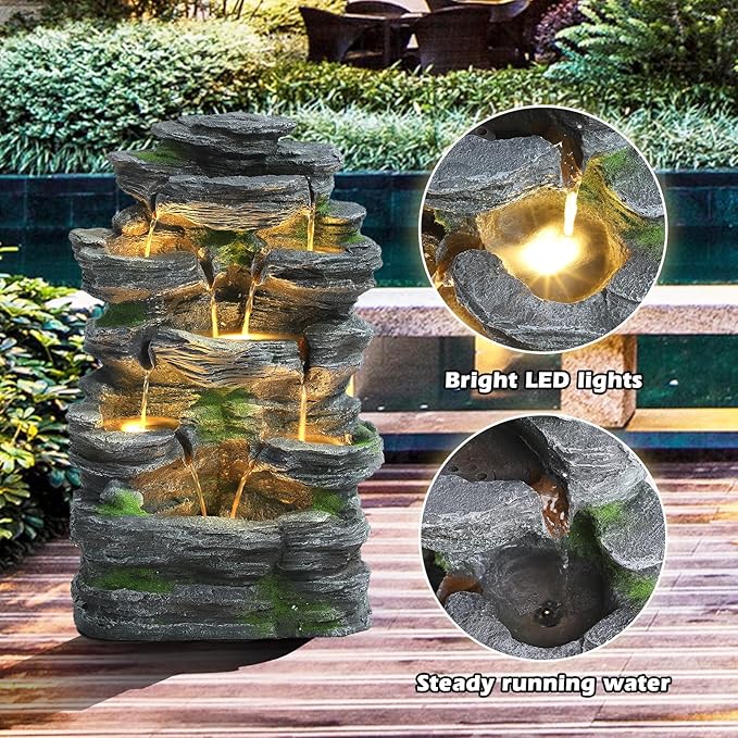 Grepatio Outdoor Water Fountain 7 Tier Cascading Rock Waterfalls Fountains with LED Lights and Pump Indoor/Outdoor Modern Floor Standing Garden Water Fountain for Yard, Patio, House Decor - Bloomnest