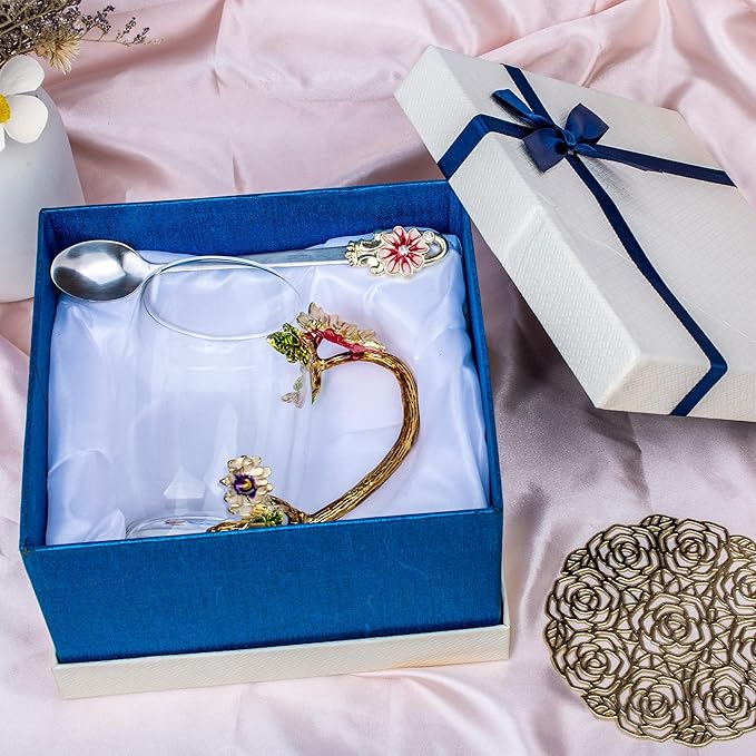 Flower Tea Cup,Butterfly Daisy Glass Fancy Coffee Mug with Spoon,Gift Box for Her Mom Wife Grandma Girls Friends Valentines Christmas Birthday Present Idea for Juice,Hot/Cold Drinks Use (purple) - Bloomnest
