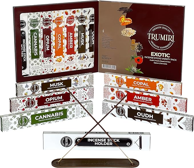 Exotic Incense Sticks Variety Pack - 120 Insence-Sticks (6 Incents x 20 Insense) - Copal Amber Oud (Agarwood) Musk - Natural Inscents-Sticks Non Toxic Incienso + Incense Holder for Men Women - Bloomnest