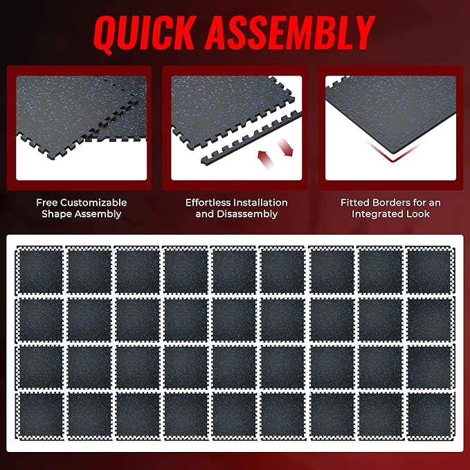 SUPERJARE 0.56'' Thick 36 Pcs 144 Sq Ft Rubber Top Exercise Equipment Mats, High Density EVA Foam Mats with Rubber Top, Interlocking Gym Flooring for Home Gym, Protective Workout Mat, Black/Blue - Bloomnest