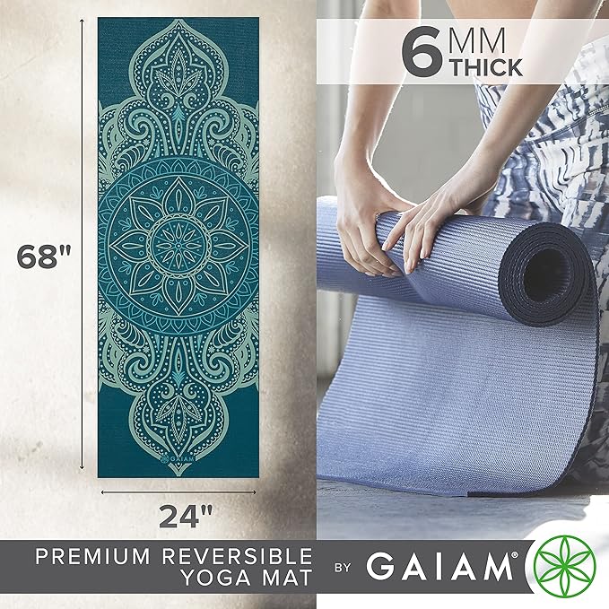 Gaiam Yoga Mat - Premium 6mm Print Reversible Extra Thick Non Slip Exercise & Fitness Mat for All Types of Yoga, Pilates & Floor Workouts (68" x 24" x 6mm Thick) - Bloomnest