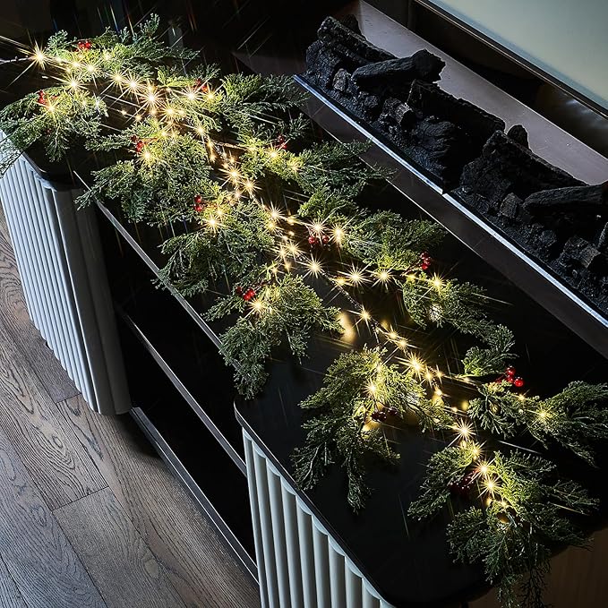 Birchlitland Christmas Garland with Lights Cadar Lighted Garland Battery Operated with Timer or USB Light 6FT 80 LED Fairy Lights, Faux Vine with Lights for Mantel Fireplace and Holiday Decor - Bloomnest