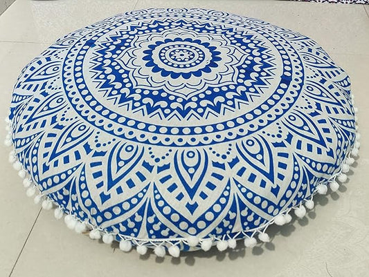 INDIAN CRAFT CASTLE 24" Blue Ombre Mandala Barmeri Large Floor Pillow Cover Cushion Meditation Seating Ottoman Throw Cover Hippie Decorative Zipped Bohemian Pouf Ottoman Pom Pom Cases 24" Round - Bloomnest