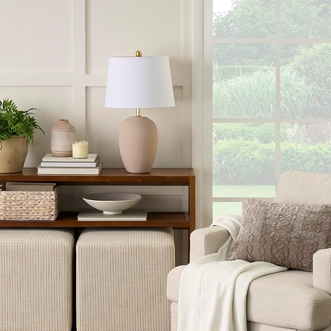 Nourison Home 23" Light Pink Ceramic Jar Table Lamp for Bedroom, Living Room, Dining Office, with White Shade (Pack of 1) - Bloomnest