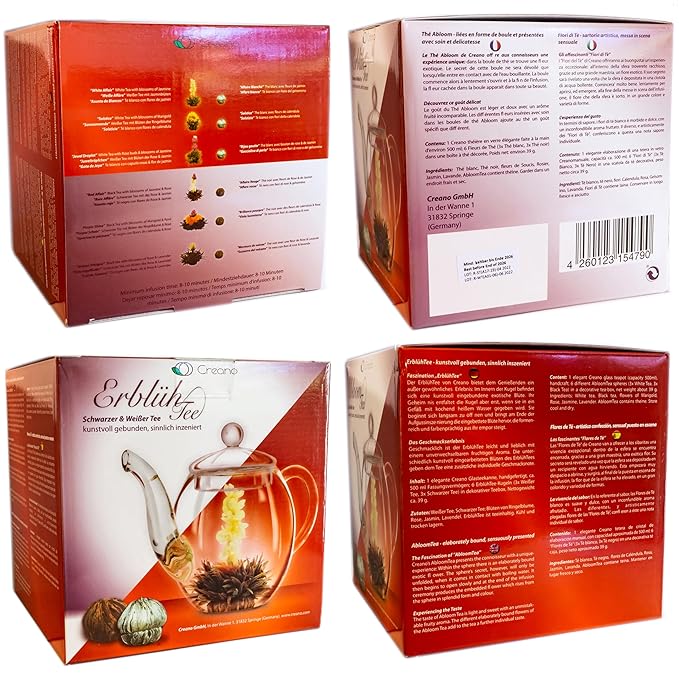 Creano Blooming Tea Gift Set with Glass Pot 17oz/500ml with 6 Flowering-Tea each 3pcs White & Black Tea - Bloomnest
