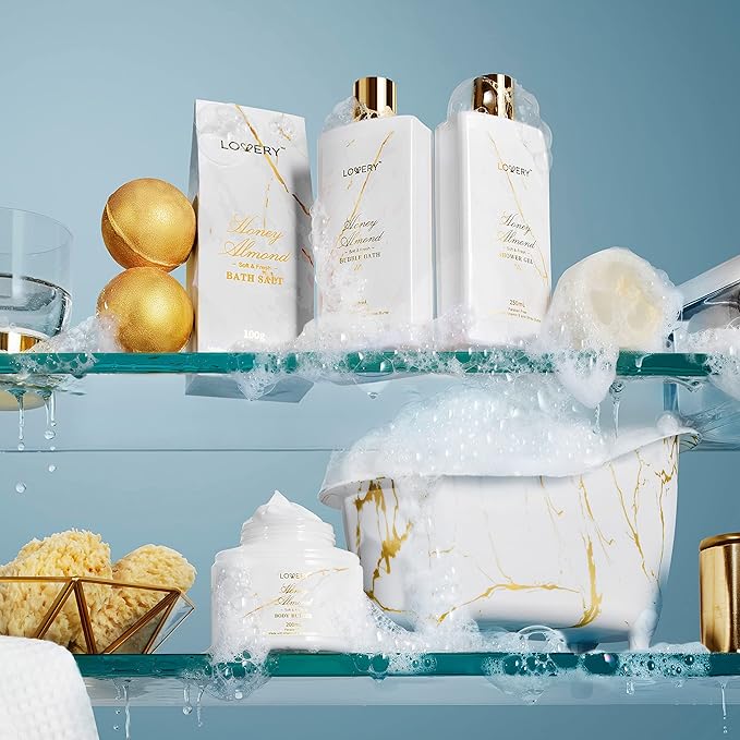 Gifts for Mom, Gift Basket, Spa Gifts For Women, 31Pc Self Care Kit, Stress Relief Gift, Birthday, Thank You, Honey Almond Bath and Body Gift - Toiletry Bag, Nail Kit, Bath Bombs & More