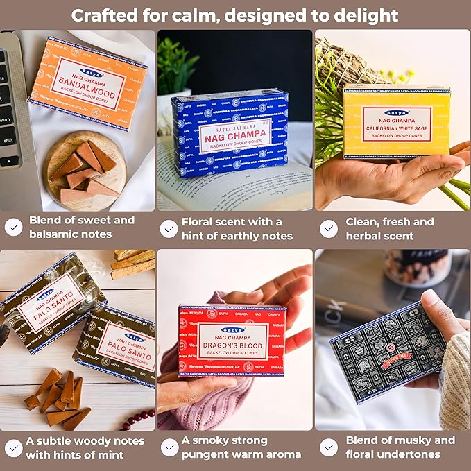 Nag Champa|Super Hit|Dragons Blood|Palo Santo|Sandalwood|Californian White Sage Variety Pack Backflow Incense Cones for Waterfall Aromatic Smoke Fountain Haze Falls and Mat Bundle - Pack of 6 TRUMIRI
