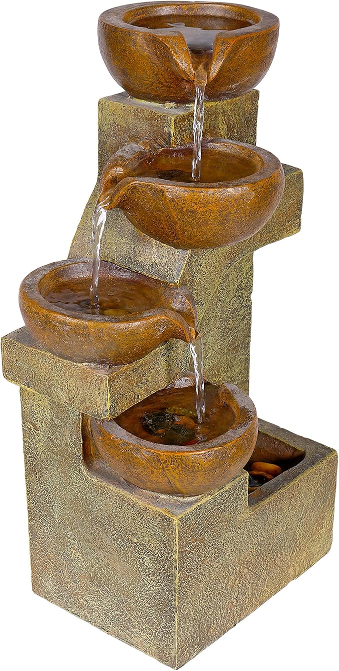 Alpine Corporation WCT726 Indoor/Outdoor Tabletop Tiered Pouring Pots Waterfall Fountain with Natural Stone Look, 16", Brown - Bloomnest
