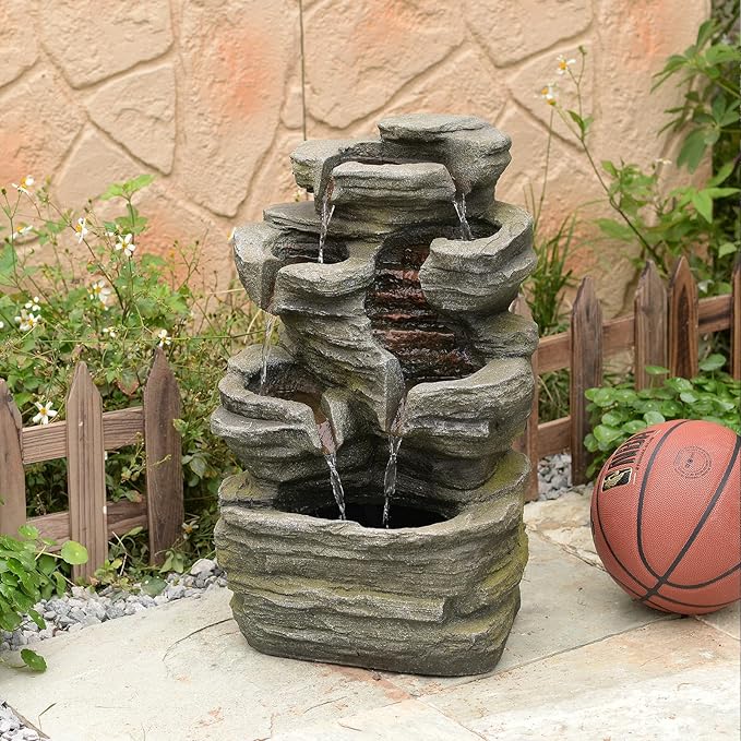 24.2" H Rock Cascading Water Fountain Outdoor&Indoor, 6-Tier Garden Naturefalls Fountains, Floor-Standing Waterfall with Lights for Patio, Backyard, Deck, Porch, Home DéCor, Stone Gray - Bloomnest