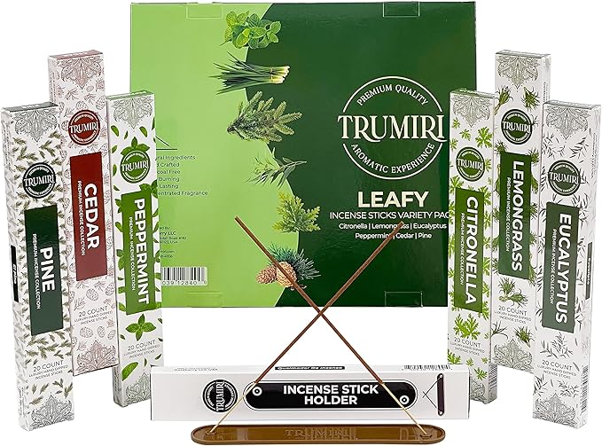 Leafy Incense Sticks Variety Pack - 120 Insence-Sticks (6 Incents x 20 Insense) - Citronella Lemongrass Eucalyptus Peppermint Pine Cedar - Natural Inscents-Sticks Non Toxic Inciensos + Incense Holder - Bloomnest