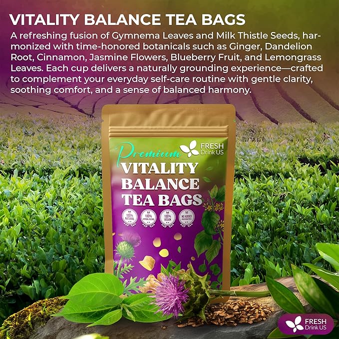 FreshDrinkUS, Vitality Balance Tea Bags | 30 Count | Herbal Blend with Gymnema, Milk Thistle Seed, Fenugreek, Dandelion Root, Ginger, Orange Peel & Other Herbs – 100% Natural, Caffeine-Free Herbal Tea - Bloomnest