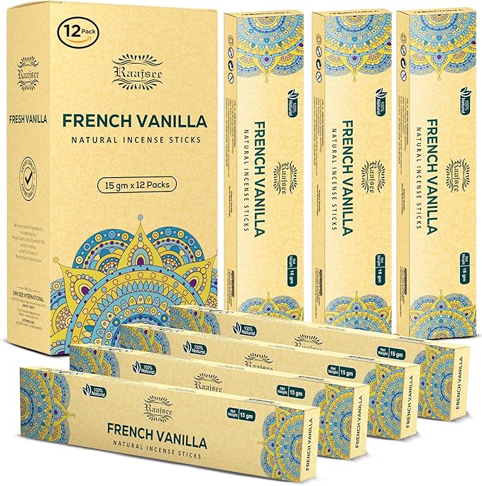 Raajsee French Vanilla Incense Sticks (180 gm), 100% Pure Organic Natural Hand Rolled Free from Chemicals - Perfect for Aromatherapy, Cleansing, Meditation, and Church (Pack of 12) - Bloomnest
