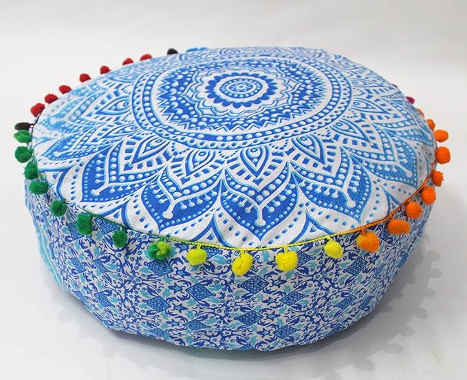 INDIAN CRAFT CASTLE ICC Mandala Barmeri Large Floor Pillow Cover Cushion Meditation Seating Ottoman Throw Cover Hippie Decorative Zipped Bohemian Pouf Ottoman Cases Blue Ombre 16" Round - Bloomnest
