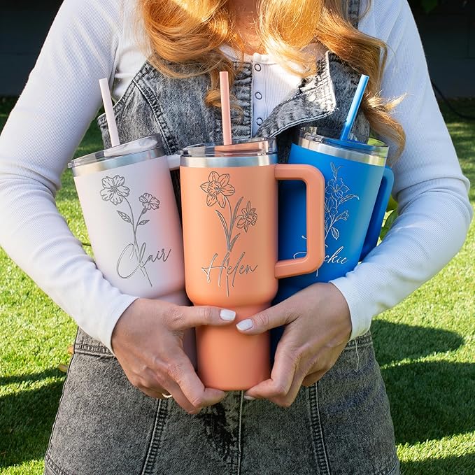 Custom Name and Birth Month Flower Tumbler - 40 Oz Insulated Stainless Steel Mug with Handle and Straw - Birthday Gifts for Women, Nectarine - Bloomnest