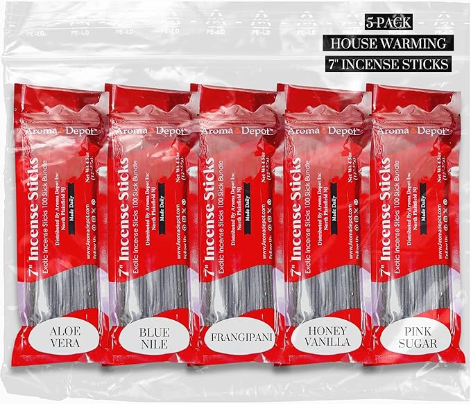 House Warming Vibes 7'' Incense Sticks - Variety Set 500 Pack - 7 inch - 5 Bundles 100 Sticks Per Fragrance Scent. Set Features Aloe Vera, Blue Nile, Frangipani, Honey Vanilla, Pink Sugar