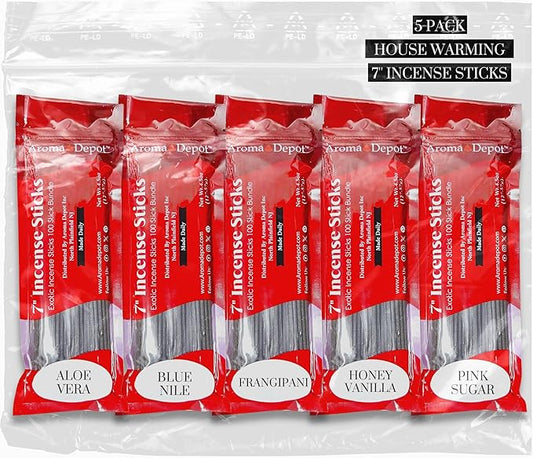 House Warming Vibes 7'' Incense Sticks - Variety Set 500 Pack - 7 inch - 5 Bundles 100 Sticks Per Fragrance Scent. Set Features Aloe Vera, Blue Nile, Frangipani, Honey Vanilla, Pink Sugar