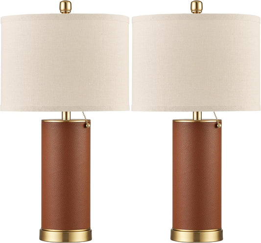 KDG 23.4" Brown PU Leather Table Lamps for Living Room Set of 2, 3 Level Brightness LED Modern Home Decor Fabric Lampshade Desk Lamp Lighitng for Bedroom, Bedside, Farmhouse, Nightstand, Night Light